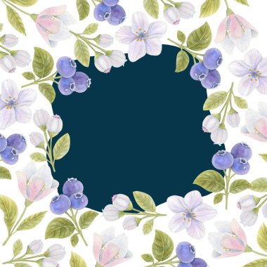 Yaban mersini, çiçek ve yapraklı suluboya çerçeve. Metin için alanı olan parlak illüstrasyon.