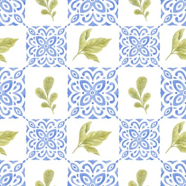 Açık arkaplanda mavi süslemeli ve yapraksız suluboya desenli. Parlak suluboya çizimi.