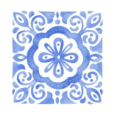 Etnik tarzda suluboya mavi süs. Parlak çiçek kompozisyonu. Döşeme tasarımı.