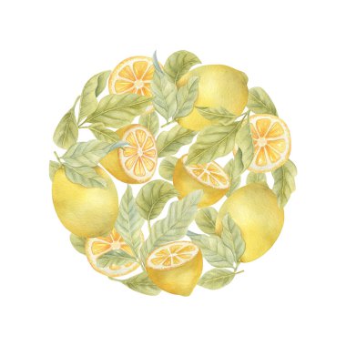 Limonlu ve yapraklı suluboya çerçeve. Işık arkaplanındaki parlak illüstrasyon.