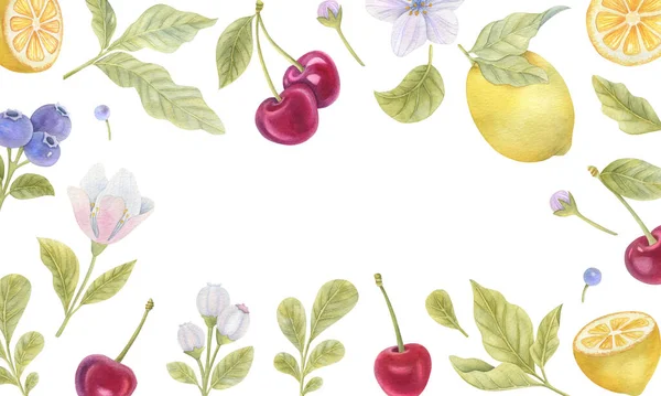 Marco Acuarela Con Arándanos Limones Cerezas Flores Hojas Ilustración Brillante —  Fotos de Stock