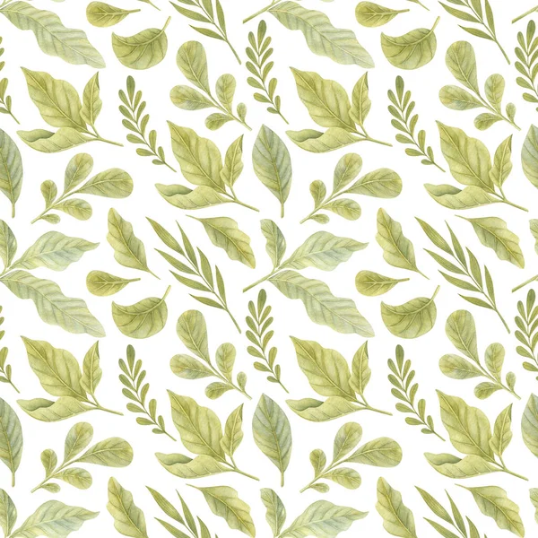 Watercolor Seamless Pattern Green Leaves Light Background Bright Watercolor Illustration — Stock Photo, Image
