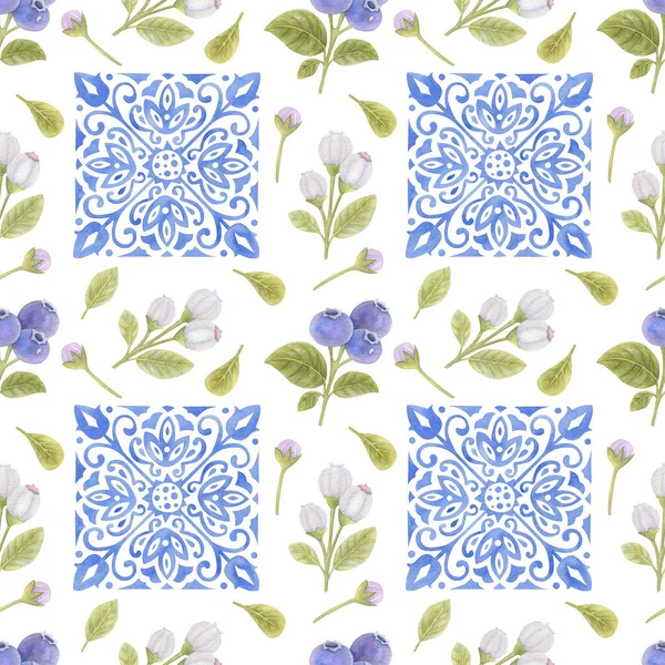 Patrón Sin Costuras Acuarela Con Flores Arándanos Hojas Adorno Azul —  Fotos de Stock
