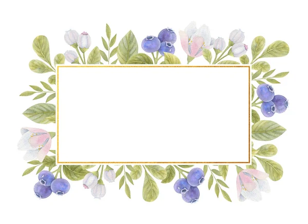 Watercolor Frame Blueberries Flowers Leaves Bright Illustration Space Text — Stock Photo, Image