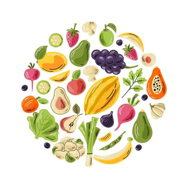 Векторні Фрукти Овочі Круглій Композиції Яскрава Ілюстрація Здорової Свіжої Їжі — стоковий вектор