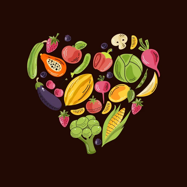 Vector Frutas Verduras Forma Corazón Fondo Oscuro Una Ilustración Brillante — Vector de stock