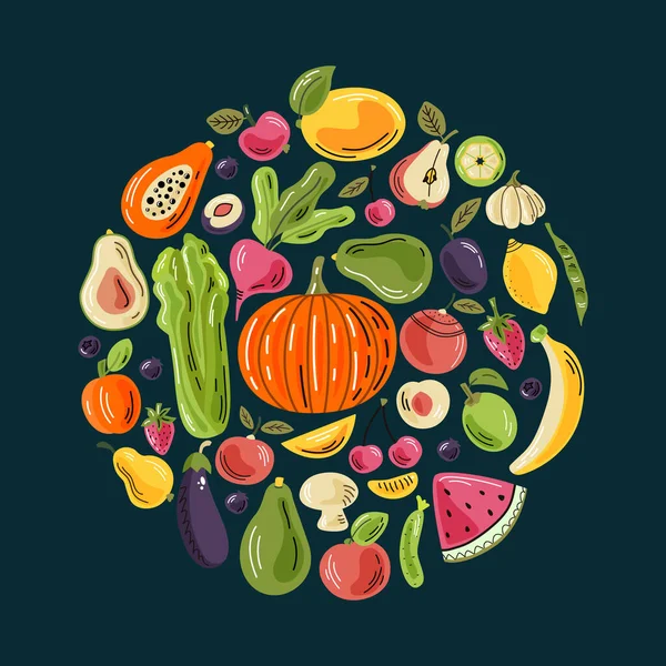 Vectorgroenten Fruit Ronde Samenstelling Donkere Achtergrond Heldere Illustratie Van Gezond — Stockvector