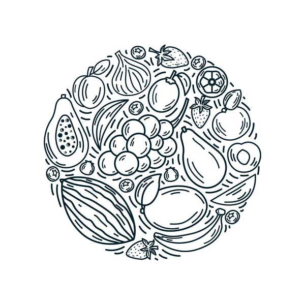 矢量水果呈圆形组合 健康新鲜食物的生动例证 轮廓风格的孤立的设计元素 理想的海报 包装及家居装修 — 图库矢量图片