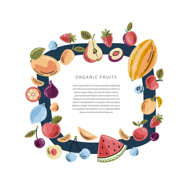 矢量水果在正方形的组合与文字的空间 健康新鲜食物的生动例证 孤立的设计元素 理想的海报 包装及家居装修 — 图库矢量图片