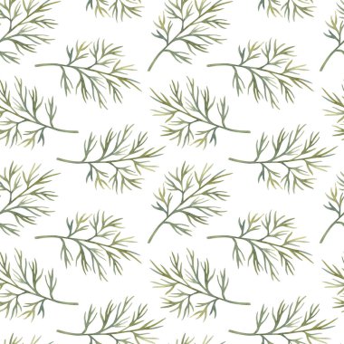 Açık arkaplanda dereotu olan dikişsiz suluboya desen. Parlak karikatür elle boyanmış..