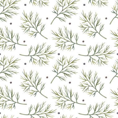 Açık arkaplanda dereotu ve karabiber olan dikişsiz suluboya deseni. Parlak karikatür elle boyanmış..