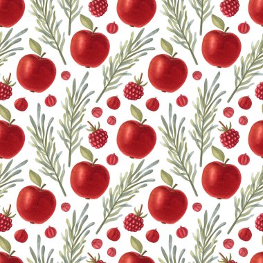 Elma, biberiye, kırmızı pirzola ve açık arkaplanda ahududu desenli suluboya deseni. Parlak karikatür elle boyanmış..