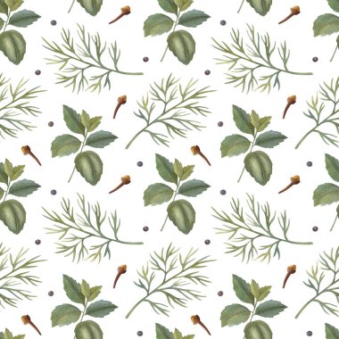 Dereotlu, naneli, karanfilli ve açık arkaplanda karabiberli suluboya deseni. Parlak karikatür elle boyanmış..