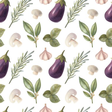 Patlıcan, biberiye, fesleğen, mantar, defne yaprağı ve sarımsaklı sulu boya deseni. Parlak karikatür elle boyanmış..