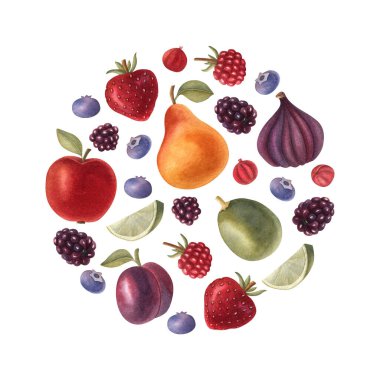 Meyve ve meyveli suluboya çerçeve. Sağlıklı taze gıdanın elle çizilmiş parlak çizimi. Davetiyeler, tebrik kartları, posterler ve dekorasyon için tasarım.