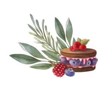 Bitki ve böğürtlenli tatlının suluboya bileşimi. Sağlıklı taze gıdanın parlak bir örneği. Tebrik kartı, davetiye, afiş, poster için ideal.