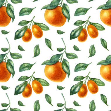 Açık arkaplanda turuncu, kumkatlı ve yapraklı dikişsiz suluboya deseni. Parlak karikatür elle boyanmış..