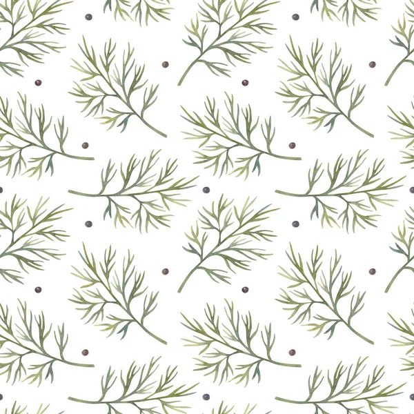 Açık arkaplanda dereotu ve karabiber olan dikişsiz suluboya deseni. Parlak karikatür elle boyanmış..