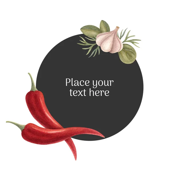 Watercolor vegetable composition with herbs, spinach, garlic and red chili on the dark background. Bright illustration of healthy fresh food. Ideal for greeting card, invitation, banner, poster.