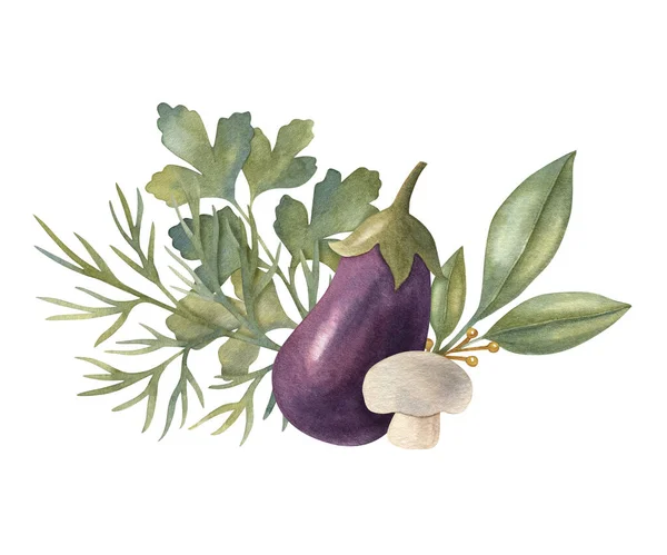 Watercolor Vegetable Composition Herbs Eggplant Mushroom Bright Illustration Healthy Fresh — Stock Photo, Image