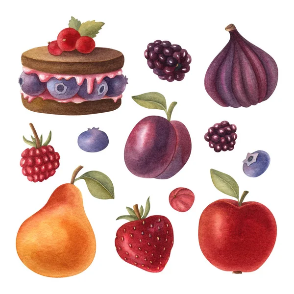 Set Acquerello Dessert Freschi Frutta Bacche Illustrazione Luminosa Isolata Sullo — Foto Stock