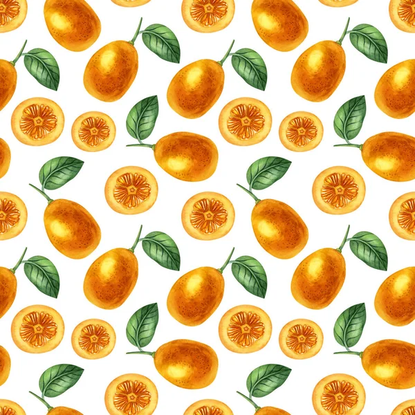 Aquarell Nahtloses Muster Mit Kumquat Und Blatt Auf Hellem Hintergrund — Stockfoto