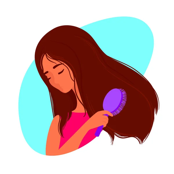 Hermosa Mujer Peinándose Pelo Largo Con Peine Cuidado Personal Ocio — Vector de stock