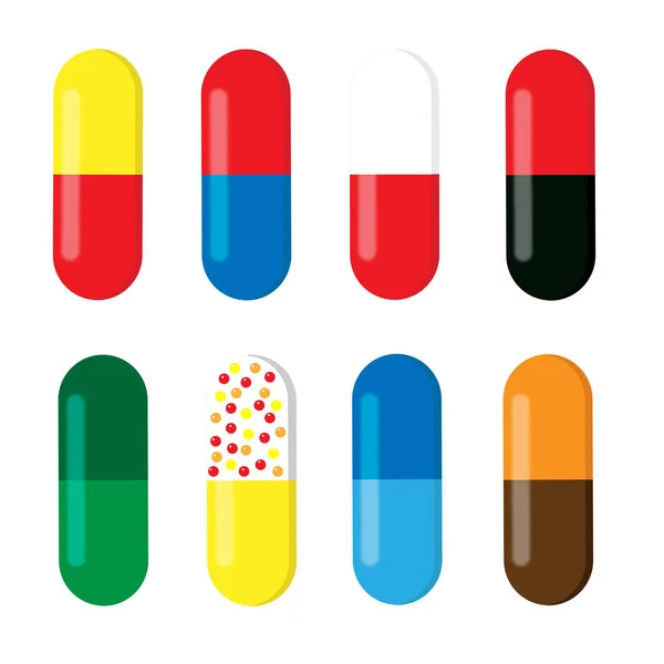 Набор Красочных Медицинских Капсул Витамины Антибиотики Болеутоляющие Векторная Иллюстрация Белом — стоковый вектор