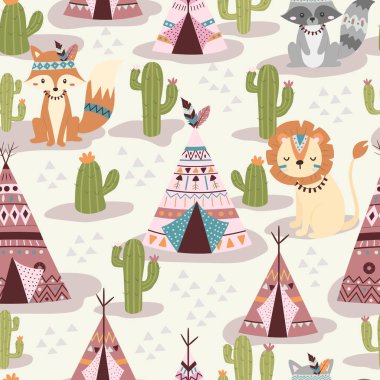 Boho hayvanları kalıpları tekrarlıyor. Çocuk odası sanat geçmişi. Çocuk kumaşı deseni tasarımı.