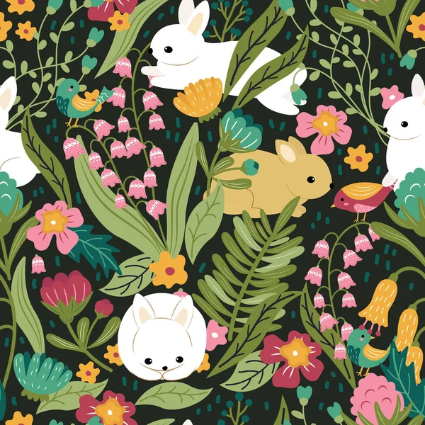 Bunnies and flowers repeat pattern. Nursery art background. Children's fabric pattern design.