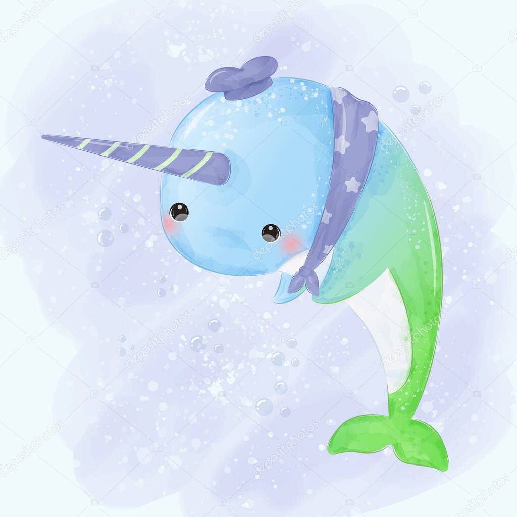 Cute narwhal illustration in watercolor style. Adorable nursery art decoration. Ocean creatures illustration.