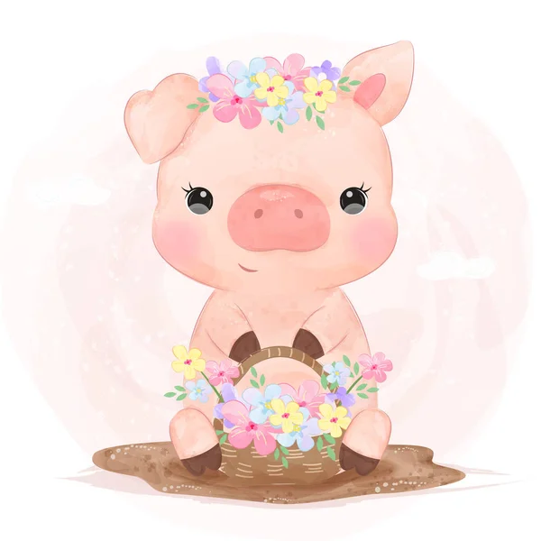 Illustration Animale Mignonne Clip Art Porc Art Pépinière Illustration Aquarelle — Image vectorielle