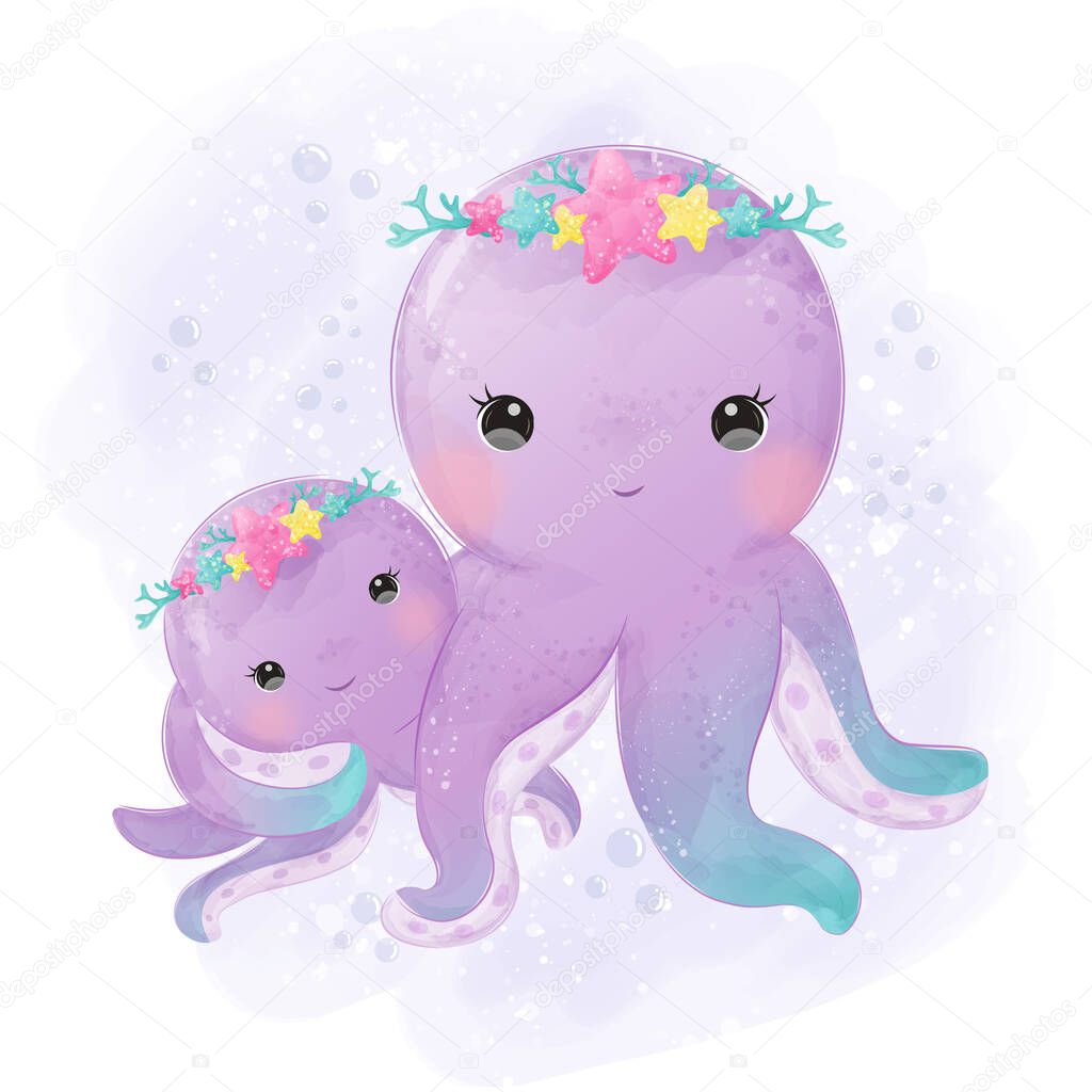 Cute octopus illustration in watercolor style. Adorable nursery art decoration. Ocean creatures illustration.