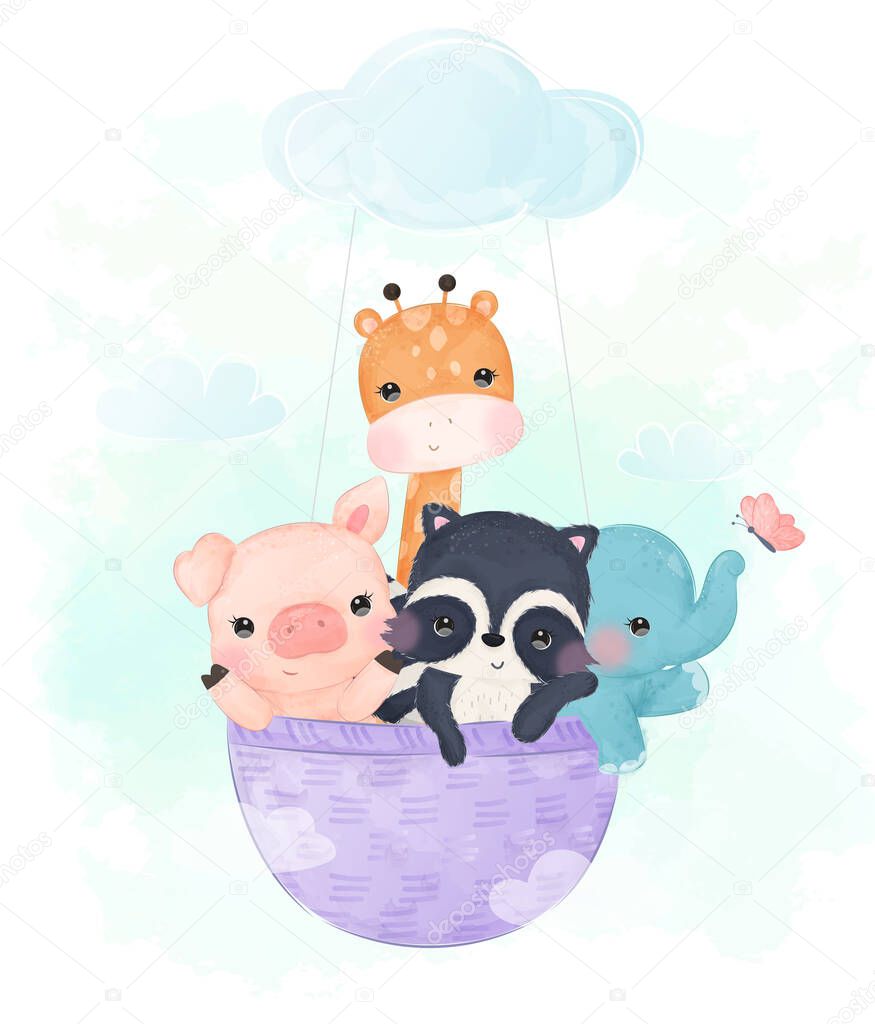 cute animal illustration, animal clipart, baby shower decoration, watercolor illustration.