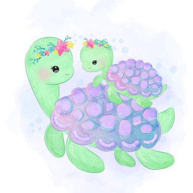 Şirin kaplumbağa annelik illüstrasyonu, hayvan tırmanışı, bebek partisi süslemesi, suluboya çizimi..