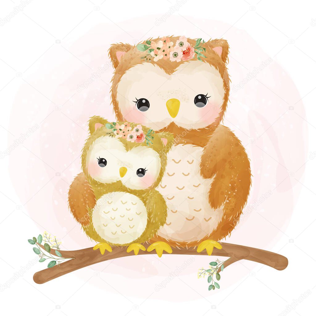cute owl motherhood illustration, animal clip-art, baby shower decoration, watercolor illustration.