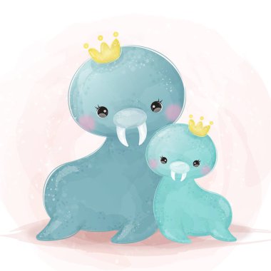 Sevimli deniz aslanı çizimi, hayvan klipsli sanat, bebek partisi süslemesi, suluboya çizimi.