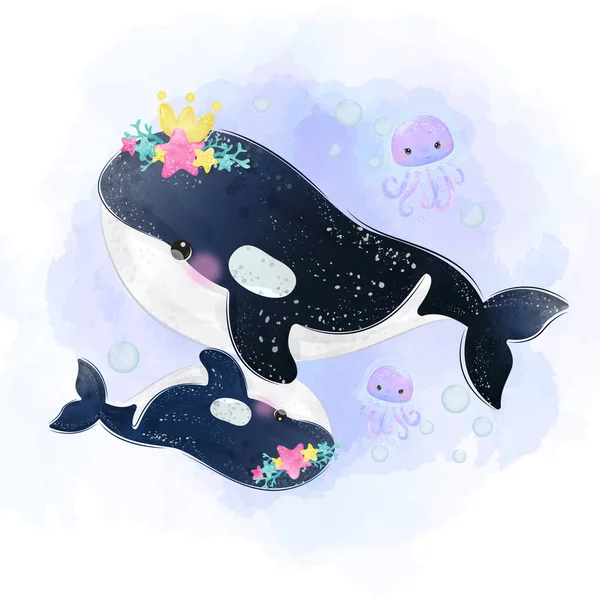 Niedlichen Orca Wal Illustration Tier Clip Art Baby Dusche Dekoration — Stockvektor