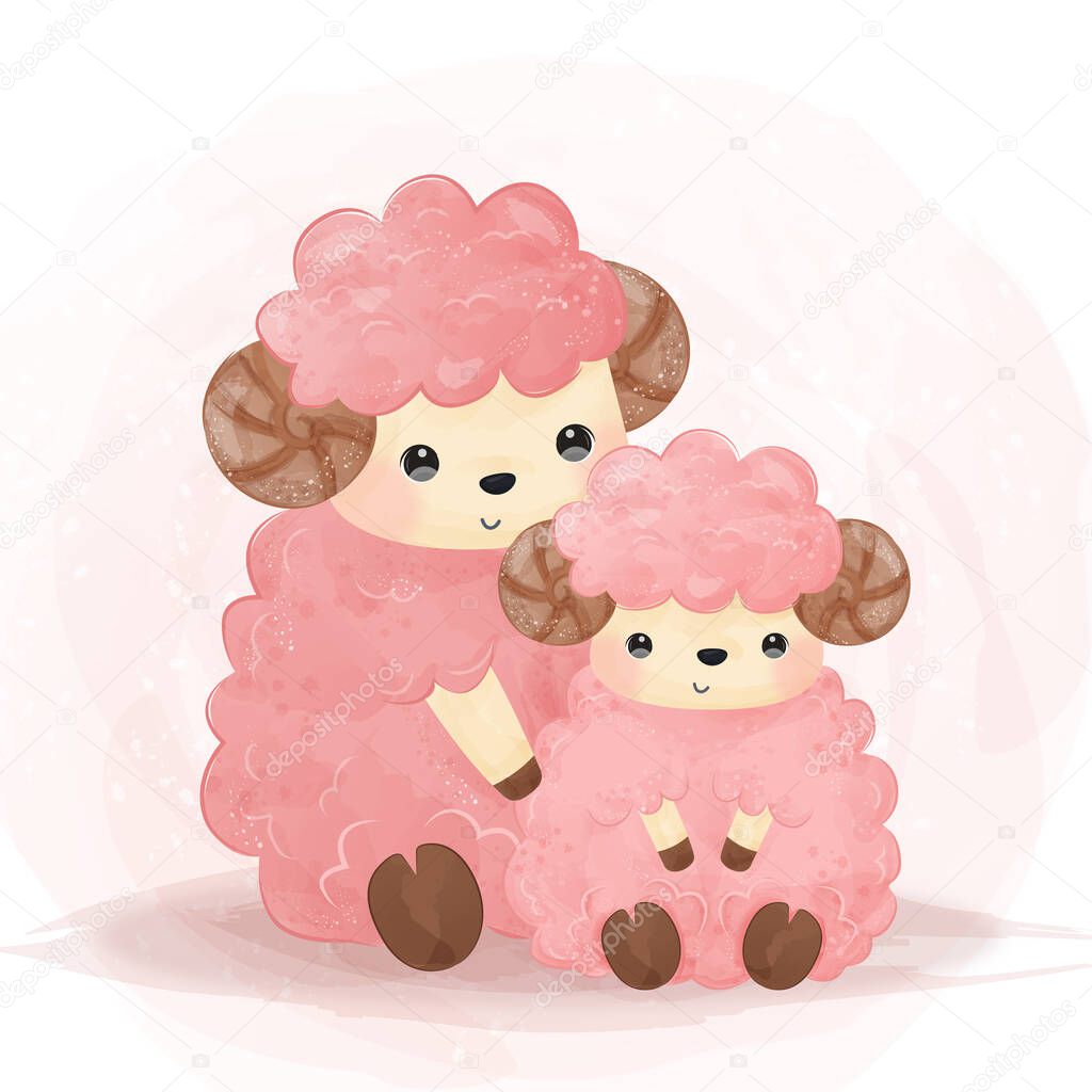 cute lamb illustration, animal clip-art, baby shower decoration, watercolor illustration.