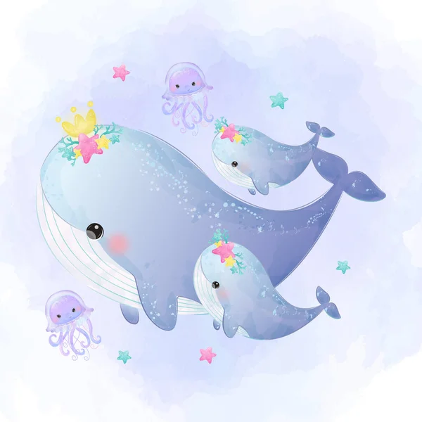 Oceaanwezens Illustratie Leuke Walvissen Moederschap Illustratie Aquarel Stijl Schattige Kinderkamer — Stockvector
