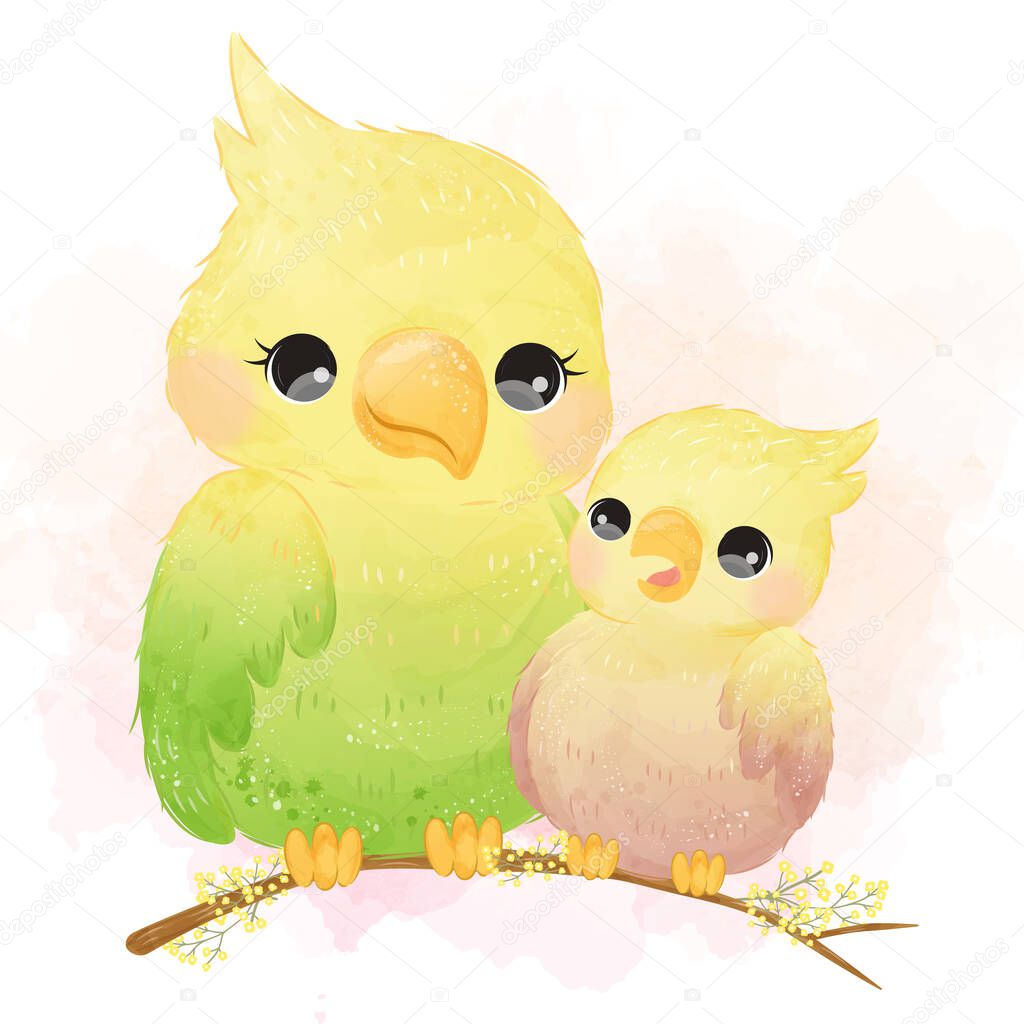 cute bird motherhood illustration, animal clip-art, baby shower decoration, watercolor illustration.