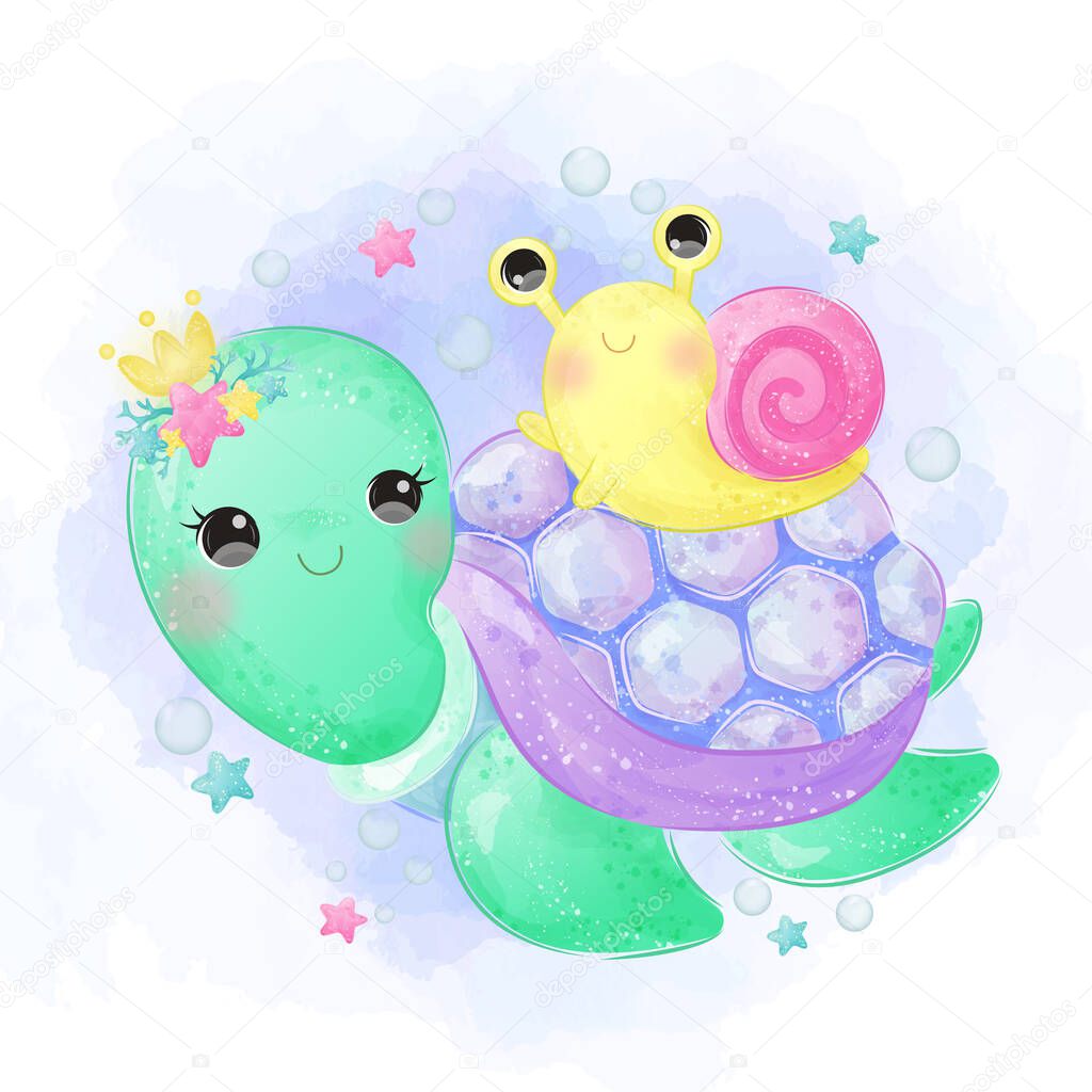 Cute turtle and snail illustration in watercolor style. Adorable nursery art decoration.