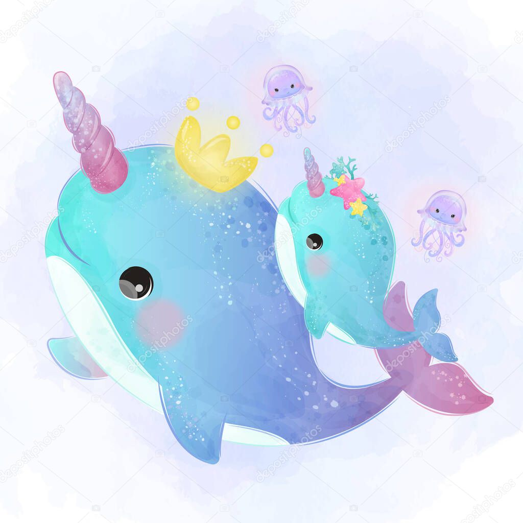 Cute narwhal illustration in watercolor style. Adorable nursery art decoration.