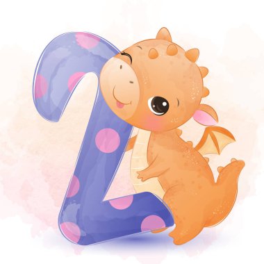 Şirin bebek ejderha illüstrasyonu, hayvan klipsleme sanatı, bebek partisi süslemesi, suluboya çizimi.