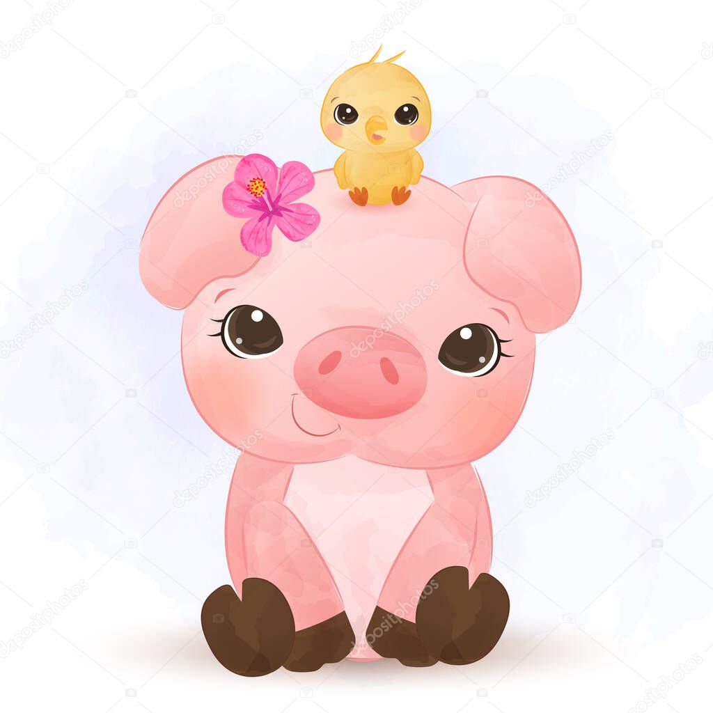 cute farm animals illustration, animal clip-art, baby shower decoration, watercolor illustration.
