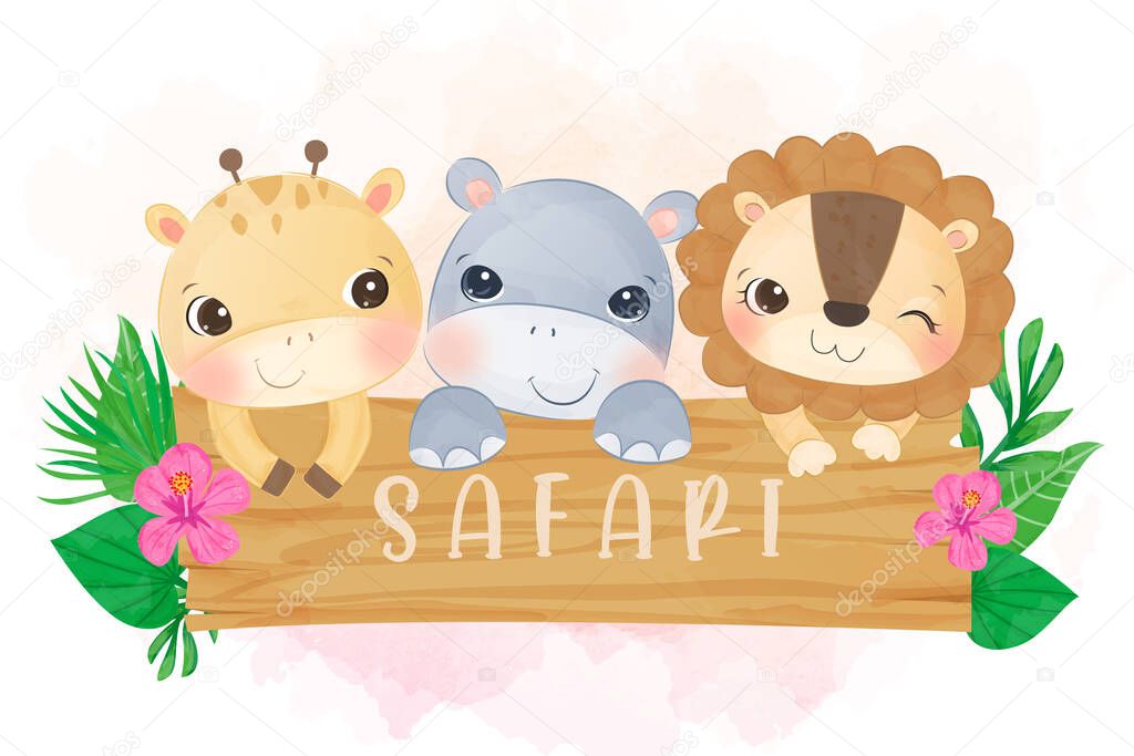 cute animal illustration, animal clip-art, baby shower decoration, watercolor illustration.