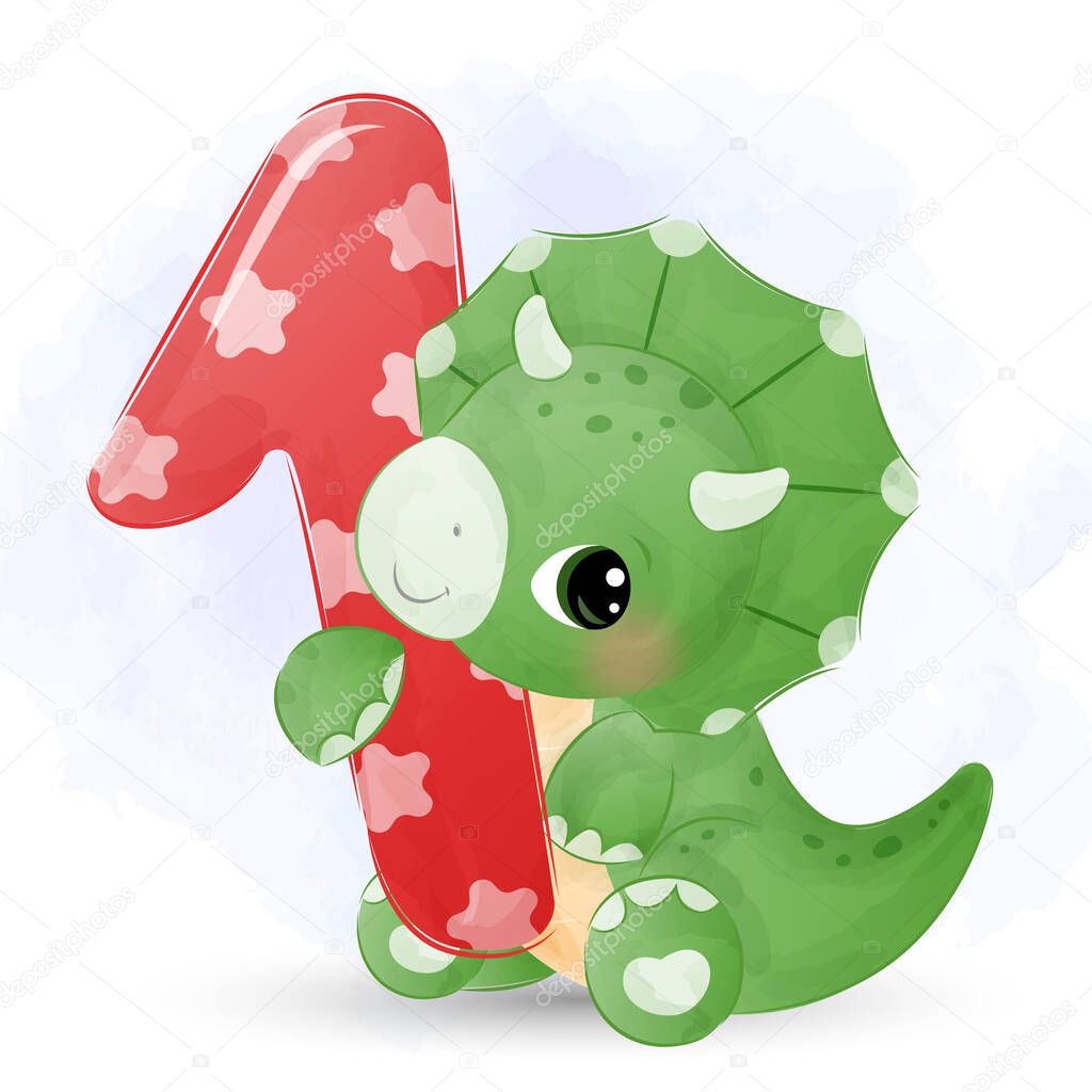 cute baby dinosaur illustration, animal clip-art, baby shower decoration, watercolor illustration.