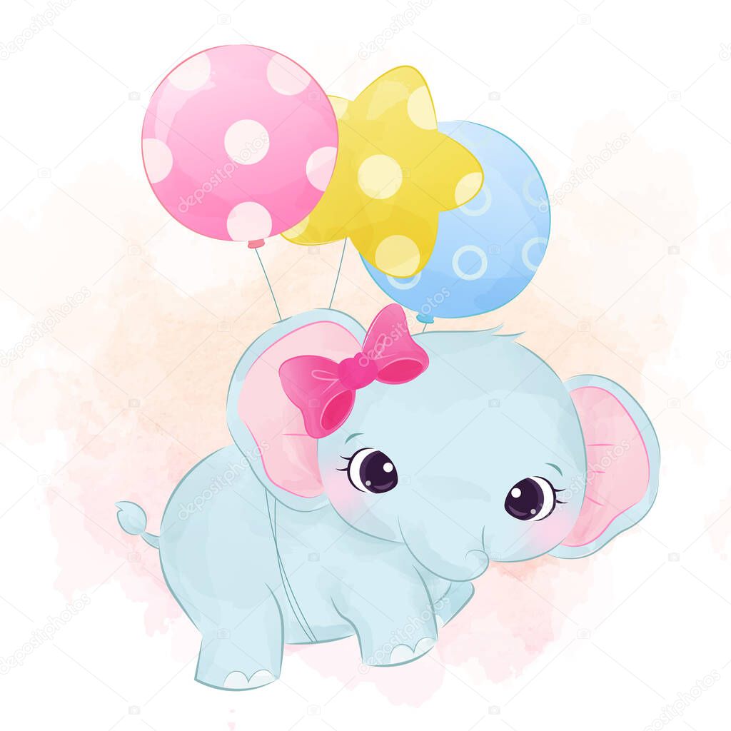 cute baby elephant illustration, animal clip-art, baby shower decoration, watercolor illustration.