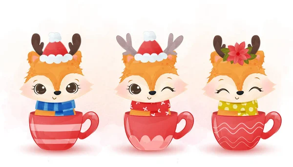 Mignons Renards Avec Des Chapeaux Noël Drôles Effet Aquarelle Idéal — Image vectorielle