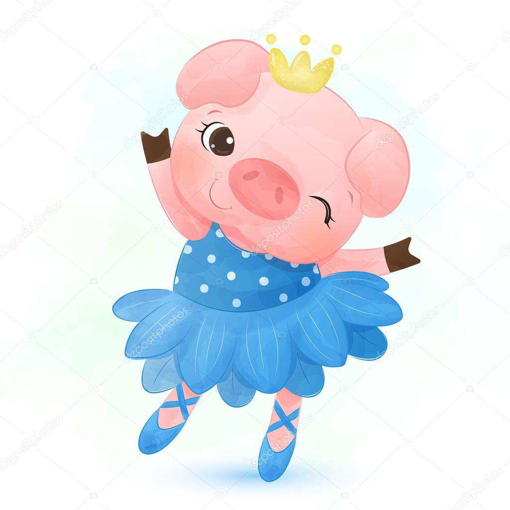 cute dancing pig illustration in watercolor effect great for baby shower decoration and children prints.